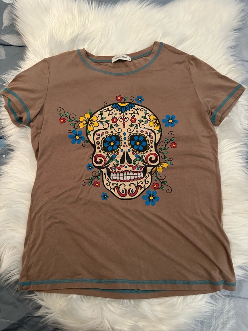 EUC American Bling Sugar Skull Tee with Teal Stitching Sz M